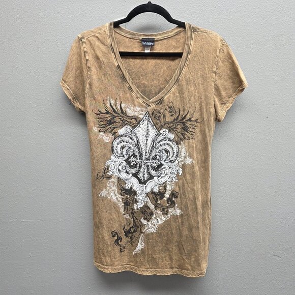 Lumiere Tops - Fleur De Lis Shirt Womens Large Brown V-Neck Rhinestone Graphic Mineral Wash